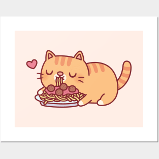 Cute Chubby Orange Tabby Cat Eating Spaghetti Pasta Posters and Art